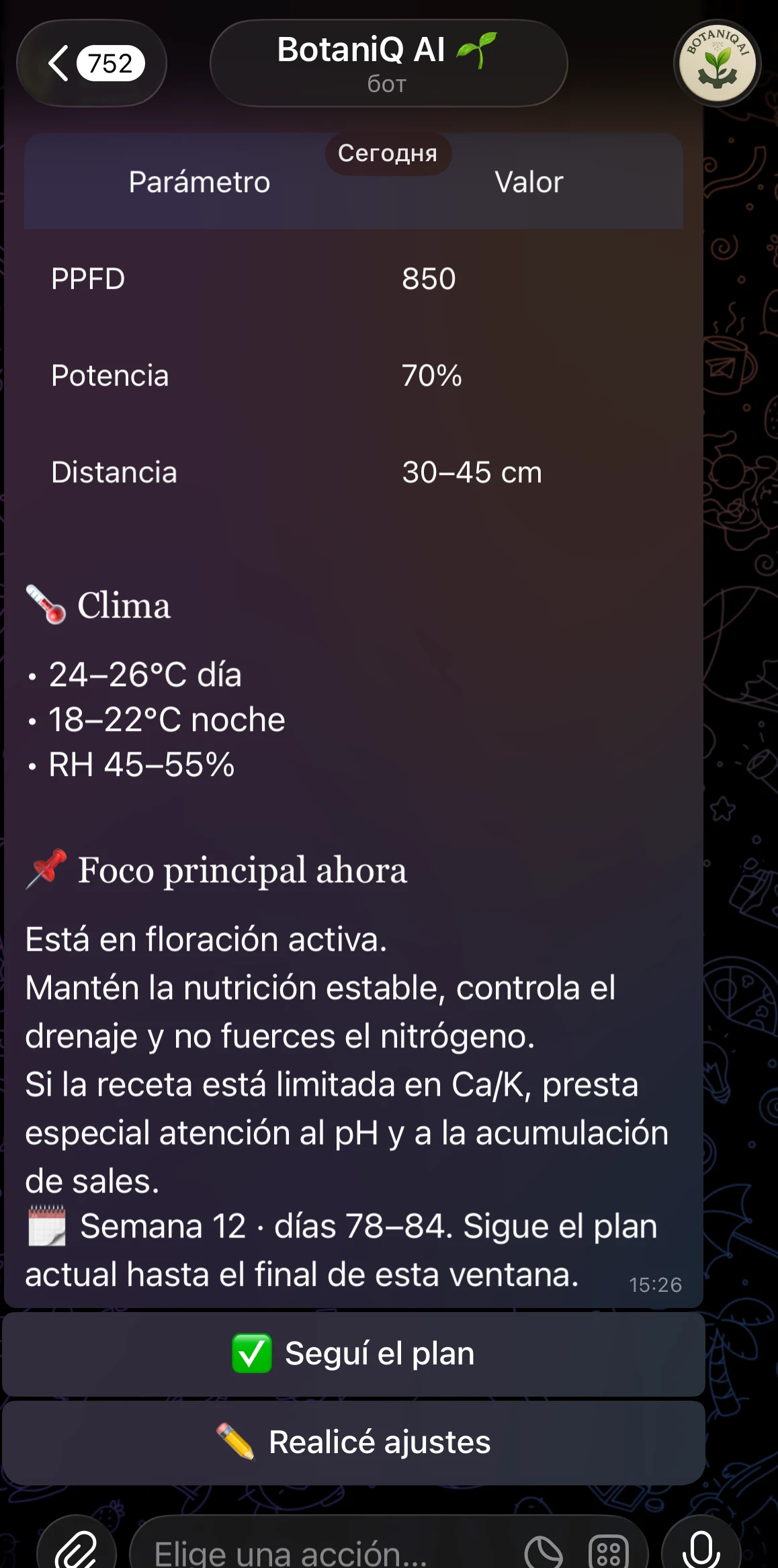 BotaniQ Run: clima, foco principal y confirmación de acciones