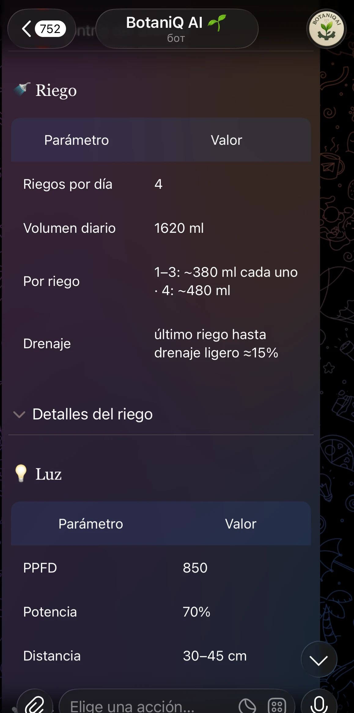 BotaniQ Run: riego y parámetros de iluminación